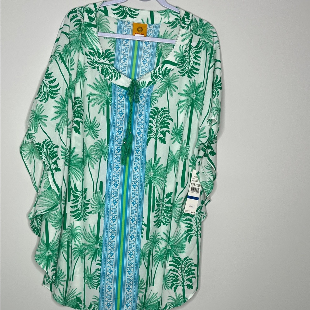 Ruby Rd. Green and Blue Palm Print Top